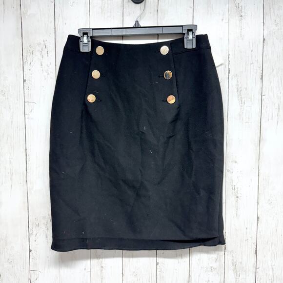 H&M Skirt Women Size 6 Black Gold Button Pleat Front Midi Zip Button Back Preppy - Picture 1 of 8